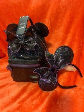 NWT Minnie Mouse Exclusive Sold Out Loungefly Sequin Spider Web Backpack & Ears
